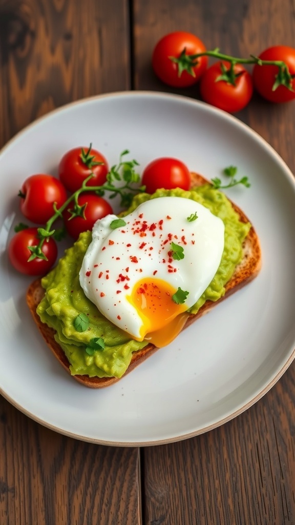 A plate of avocado toast topped with poached egg, cherry tomatoes, and microgreens on a wooden table.